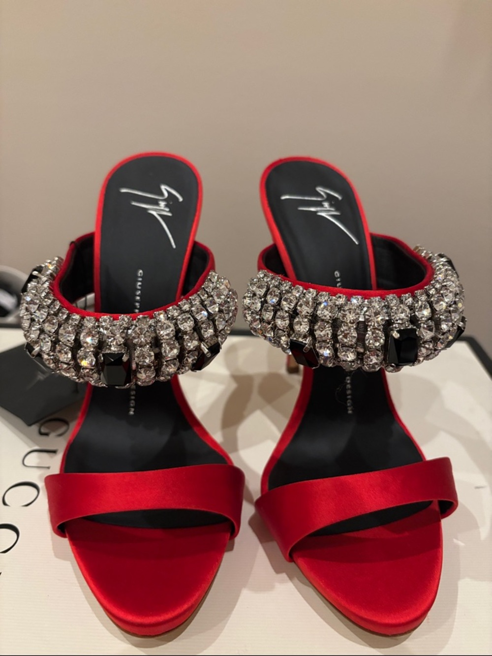 Giuseppe Zanotti Flame Red Satin high heel sandal mule with crystals sz.8 - Picture 9 of 17